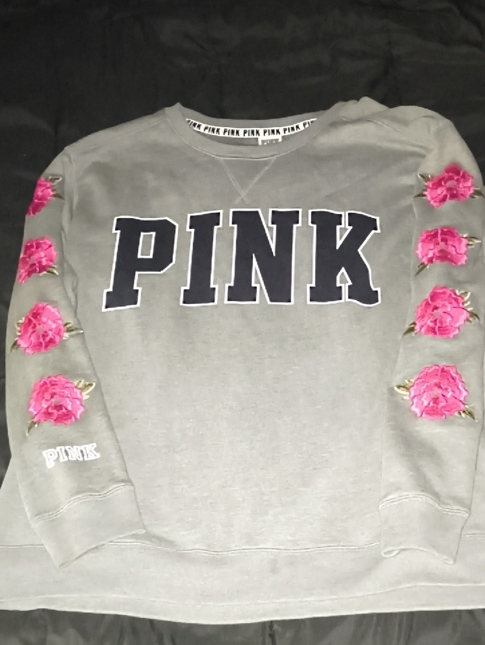 PINK Victoria's Secret Gray Crewneck Sweatshirt with Pink Floral Sleeves